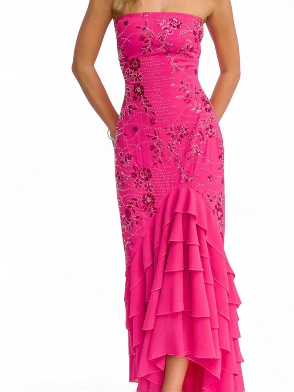 Strapless Fuchsia Beaded Ruffled Evening Dress
